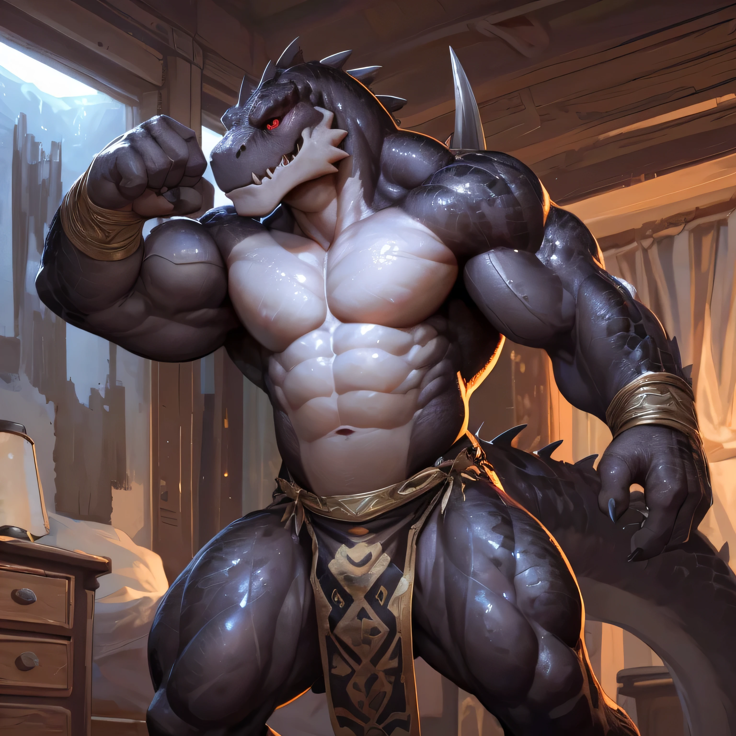 solo, anthro, furry male, T-Rex, ((Ultra detailed muscles)), (T-Rex print), black scales, white belly, spiny scales, standing up, men's bodybuilding pose, front double biceps pose, bodyguard outfit, black claws, red eyes, slit eyes, slim fit, muscular slim, bedroom, menacing, handsome, flirting, ultra detailed eyes, pecs, tail, hind leg, (Masterpiece, by null-ghost, hi-res, 8k), naked torso, black color loincloth, oil stain, front point of view,