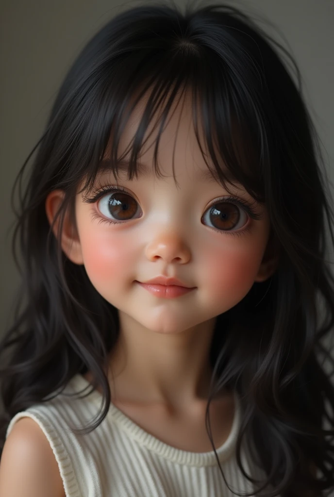 Cute portraits , Looking into the camera, Black Hair, explanation, Long eyelashes, Upper Body, Round eyes, Cute little nose , A light smile, In-person audience, Surrealism, Cast a Shadow, 8k, Super Detail, Highest quality, 1080P, 1080P, 1080P, 4K, 8k, 16K, High resolution, 1080P