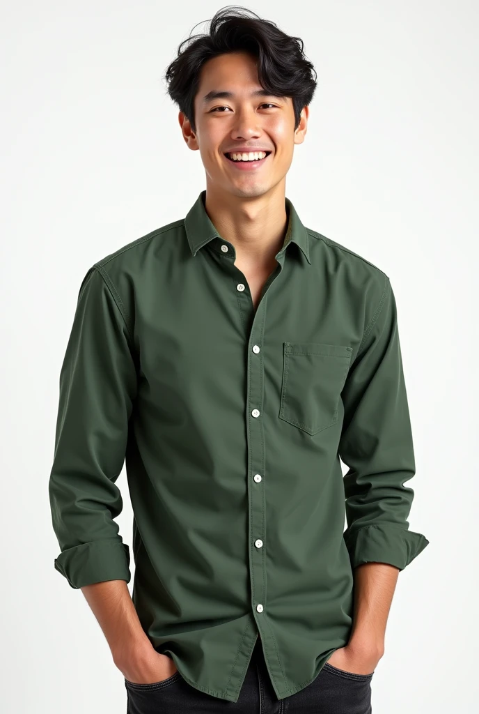 best qualityer:1.4), (ultra high resolution:1.2), (photorrealistic:1.4), (8k, CRU photo:1.2), ung white man. eyes browns. He's wearing a green buttown shirt. He is wearing black jeans. wavy black hair. Standing in a photo studio with a white background. is smiling