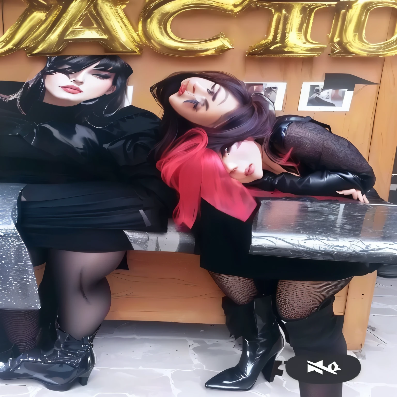 The 2 women in black lingerie ,black stockings and heels