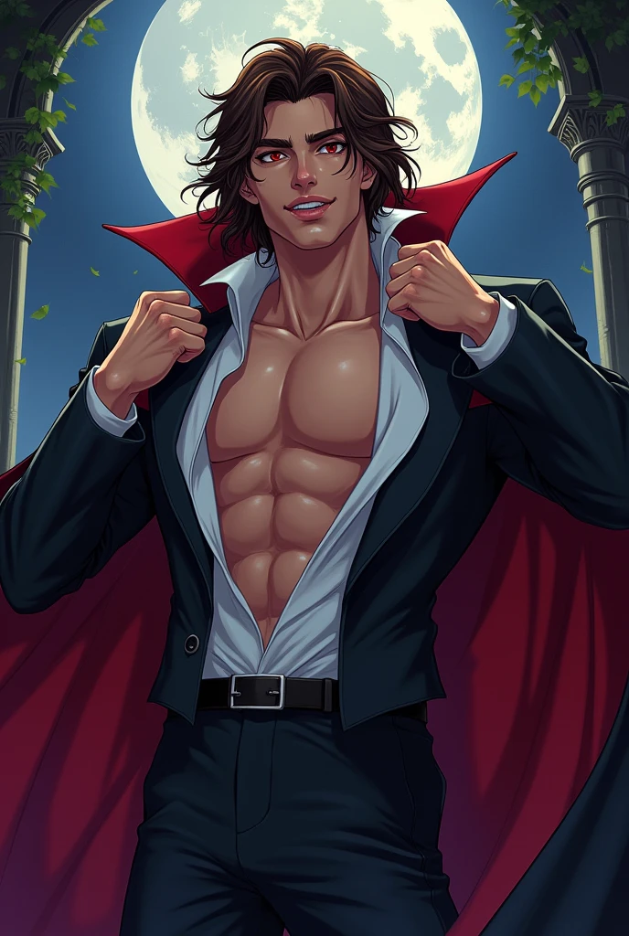 A 19 year old male vampire, beautiful and very strong, lots of muscles with very long honey brown hair. That he has very striking masculine features.Make the drawing in anime fanart style.
His appearance must be seductive, and the face is a little more shaped and less thin 