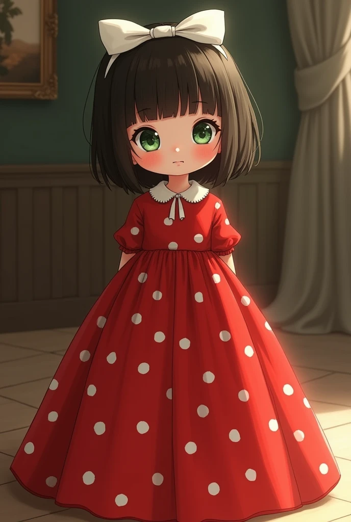 Raise a green-eyed child, flat hair, having a white bow on it, in long dress, red with white dots.