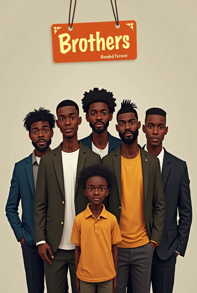 A group of six black African brothers, listed in order of their names and preferences:
- Lenny: The oldest brother, around 40 years old, is fond of a clean-shaven head and always wears formal attire. and seems a no-nonsense guy
- Mike: The second born, around 38 years old, prefers a tape fade haircut and casual outfits.
- Felix: The third born, approximately 34 years old, likes a clean-shaven head and always wears a moustache while donning formal attire.
- Bismarck: The fourth born, roughly 30 years old, favours casual outfits and a clean-shaven head.
- Shaddy: The fifth born, approximately 22 years old, likes a lower tape fade haircut and casual outfits.
- Giddy: The youngest brother, around 20 years old, prefers a Bellingham-style haircut and casual fashion.
-Also don't forget there are six in total
-Above them, there should be a name tag stating "BROTHERS" and "BONDED FOREVER" in orange colour.
-stick to the provided details