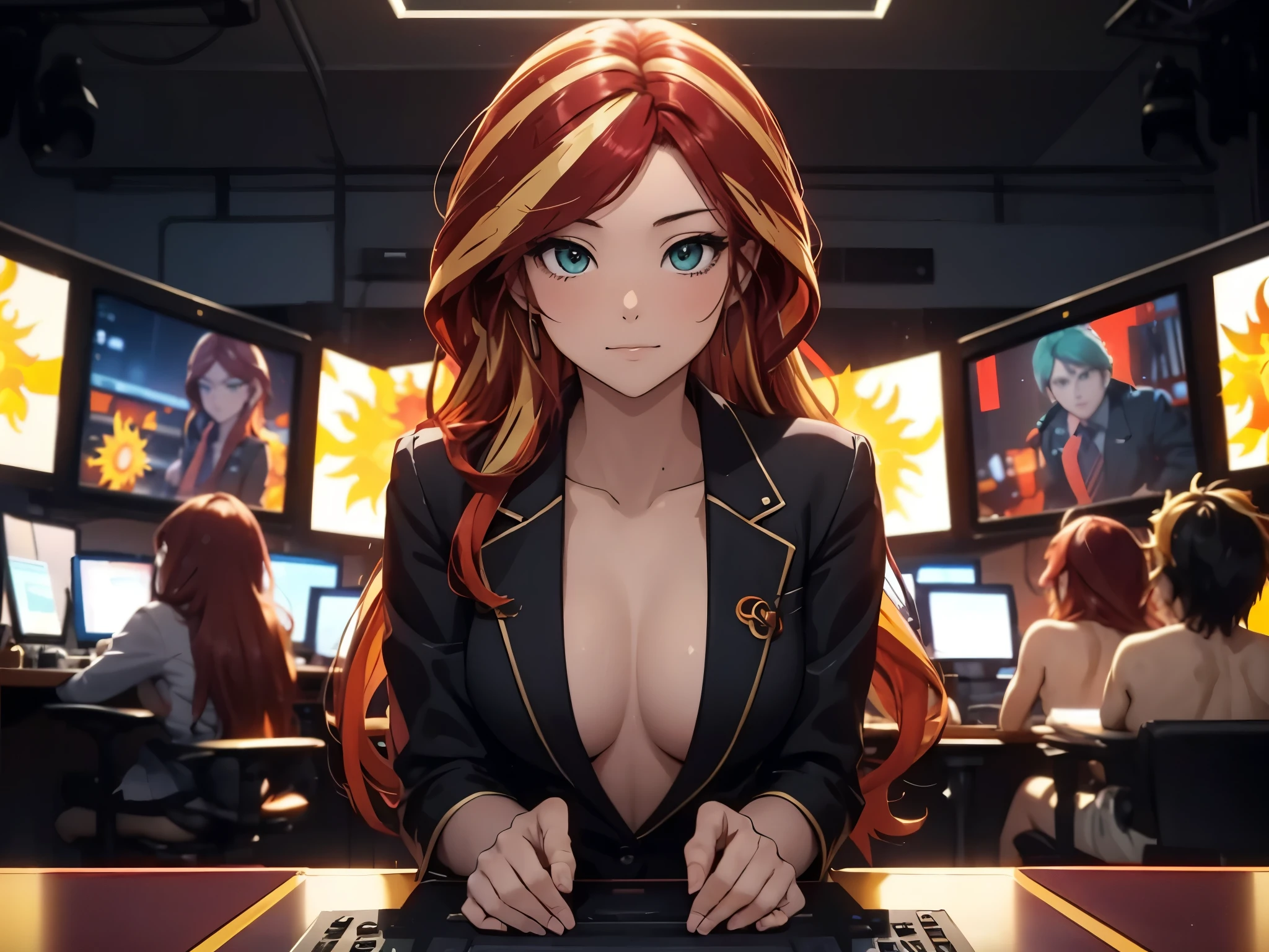 Sunsethuman, female, two tones of hair, red and yellow hair, as a news anchor, sitting behind a news desk, naked