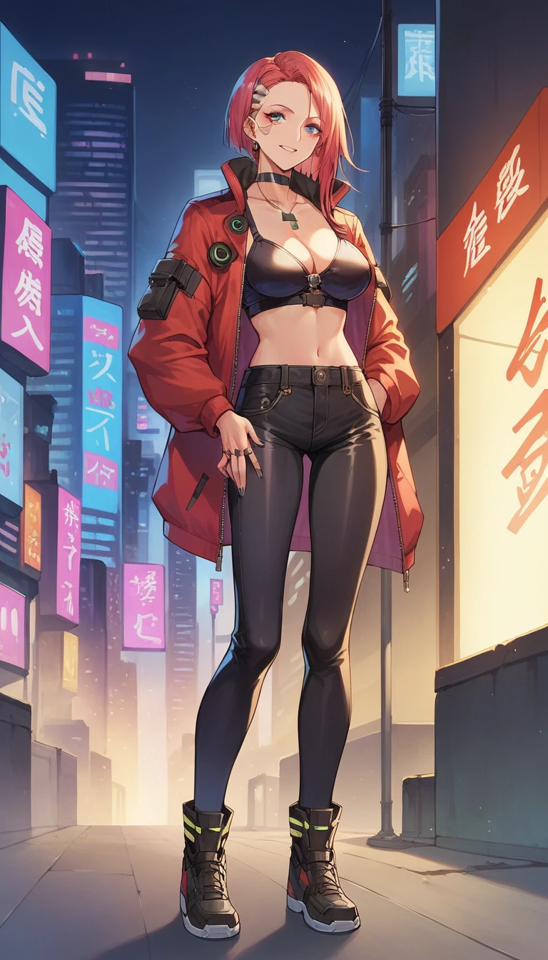 Anime girl, big breast, full body, standing, epic cyberpunk Shanghai city, very detailed, maximum quality