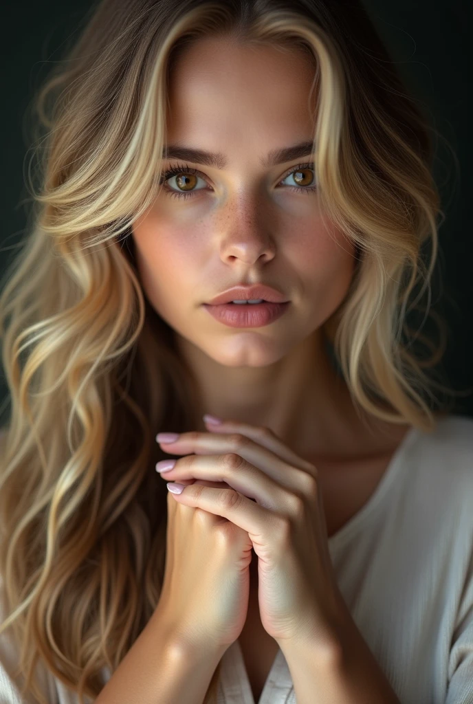 Young woman, blonde long hair, brown eyes, Outfit, perfect hands, realistic, 8k Ultra HD, high quality, Canon EOS R5, lens: Sigma 105mm ART, aperture: 2.5, exposure: 1/200 s, ISO: 200, photographer Jeff Kravitz, pay attention to the accuracy