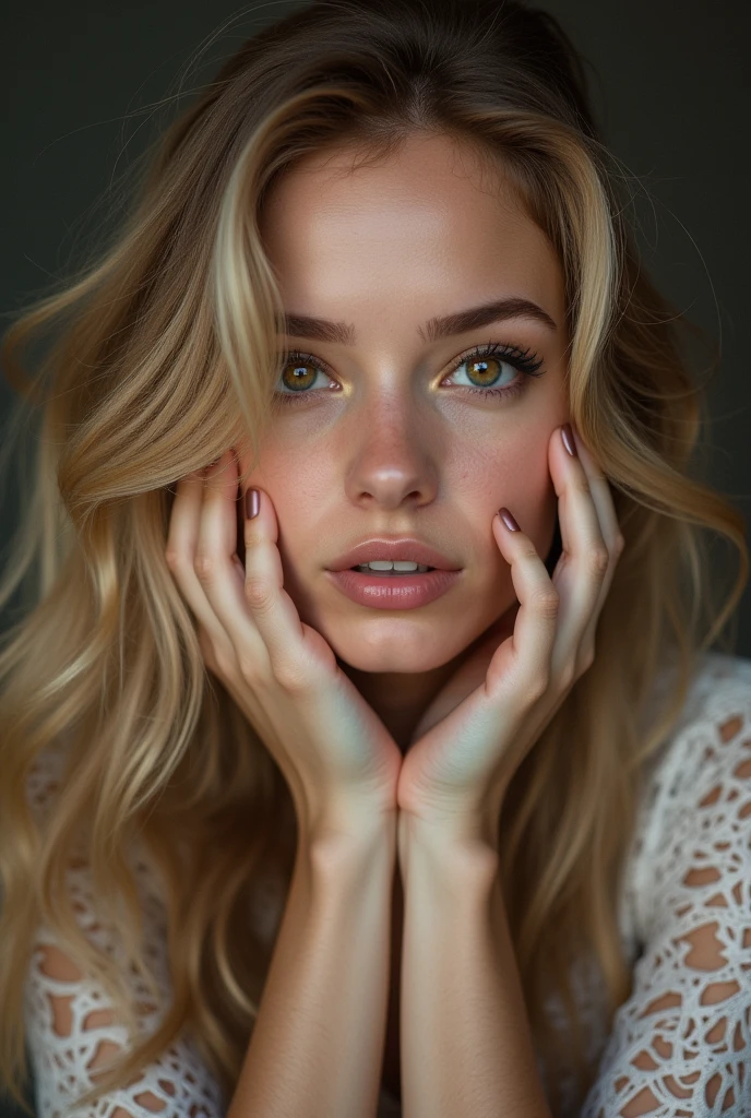 Young woman, blonde long hair, brown eyes, Outfit, perfect hands, realistic, 8k Ultra HD, high quality, Canon EOS R5, lens: Sigma 105mm ART, aperture: 2.5, exposure: 1/200 s, ISO: 200, photographer Jeff Kravitz, pay attention to the accuracy