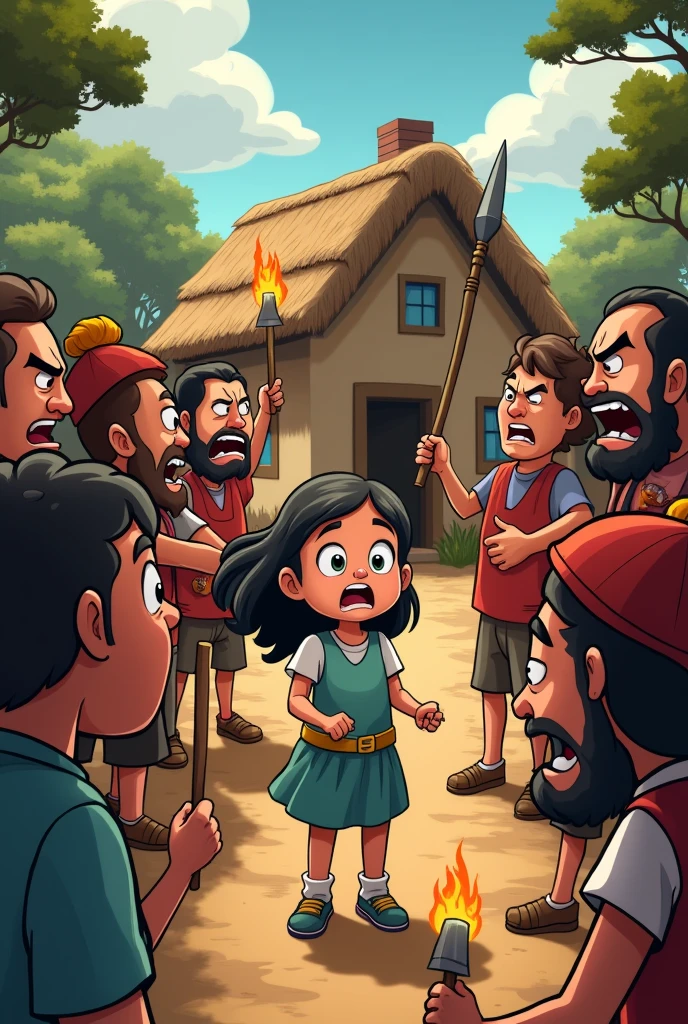 villagers burning the girls house. the girl is now surrounded by the sngry villangers with their tourch. make it cartoon
