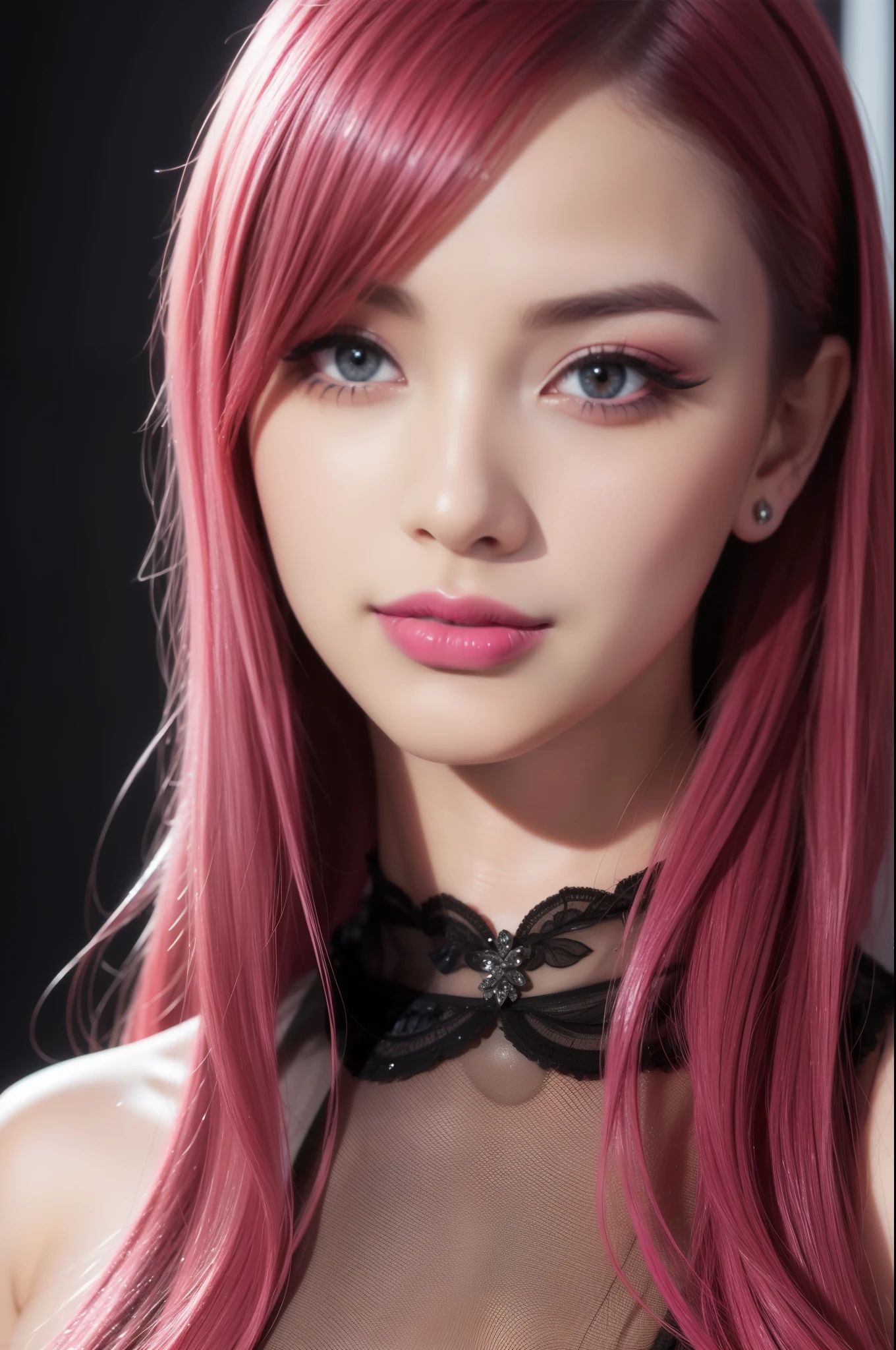 beautiful detailed eyes, beautiful detailed lips, extremely detailed eyes and face, long eyelashes, 1 girl, glossy lipstick, smiling face, defined eyebrows, natural makeup, eyelashes, full body, sheer latex dress, neon fuchsia, colorful hair, sexy stylish female idol, photorealistic, 8k, hyperdetailed, chiaroscuro lighting, dramatic colors, cinematic, high fashion, glamorous