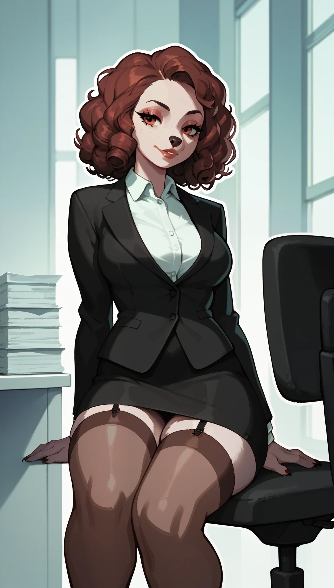 Furry, Female dog, beautiful, curly hair, formal suit, office skirt, stockings, sits in an office chair, director, solo, One, view slightly in profile