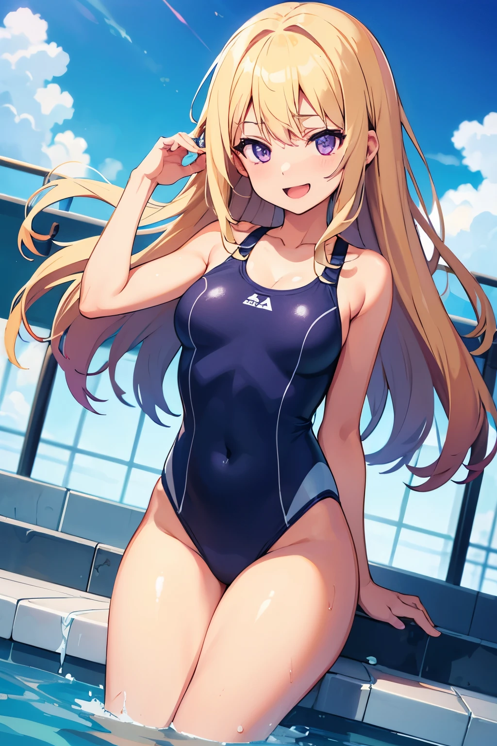 Middle school girl with A-cup breasts, blonde gal Long hair Purple eyes A smile with a slightly open mouth(One person) Navy blue competitive swimsuit Waist-deep in the pool Dynamic angle of splashing water Low - Angle