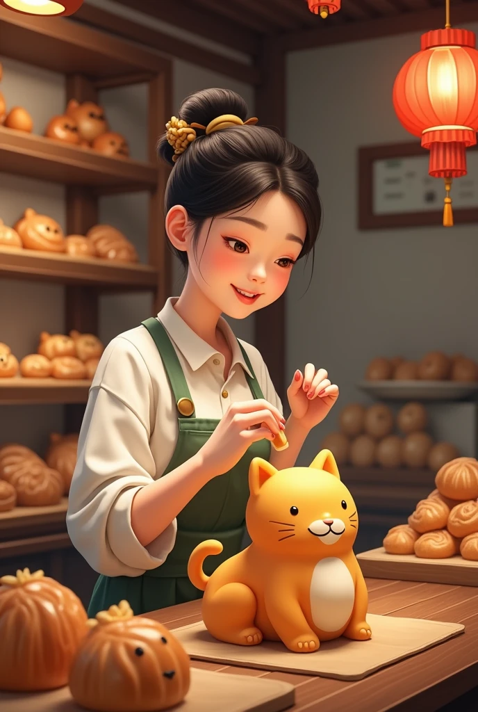 Bakery, Chinese woman baking and selling baked goods to customers, baked goods in the shape of pets, detail details, as real, real
