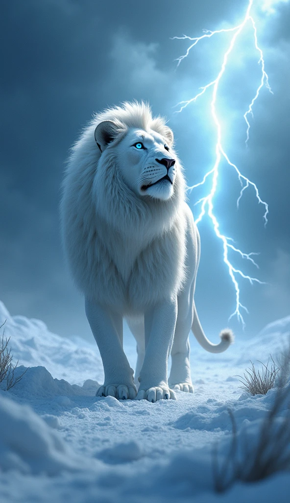 Create an ultra realistic 8k image of the front face of a strong and beautiful white lion with blue eyes looking at the sky with lightning and thunderbolts in the snows