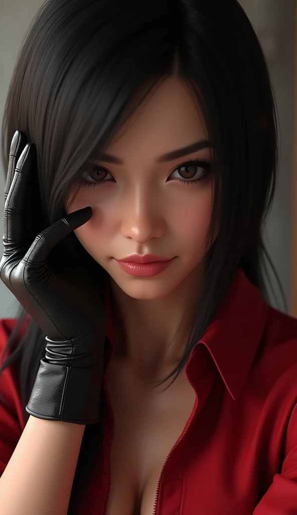 A close-up of an Asian woman in a red shirt and black gloves, faye san valentin, The glamorous Jill Valentine, portrait of Tifa Lockhart, Tifa Lockhart, Akihiko Yoshida. unreal engine, Resident Evil game background, Tifa Lockhart portrait, Tifa Lockheart, CG game, as a tekken character, seductive Tifa Lockhart portrait