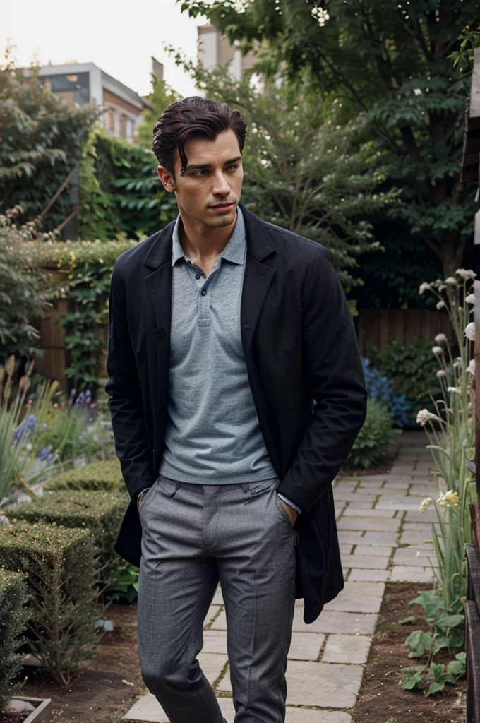a man, with black coat, in the garden, wearing blue polo shirt, gray pants