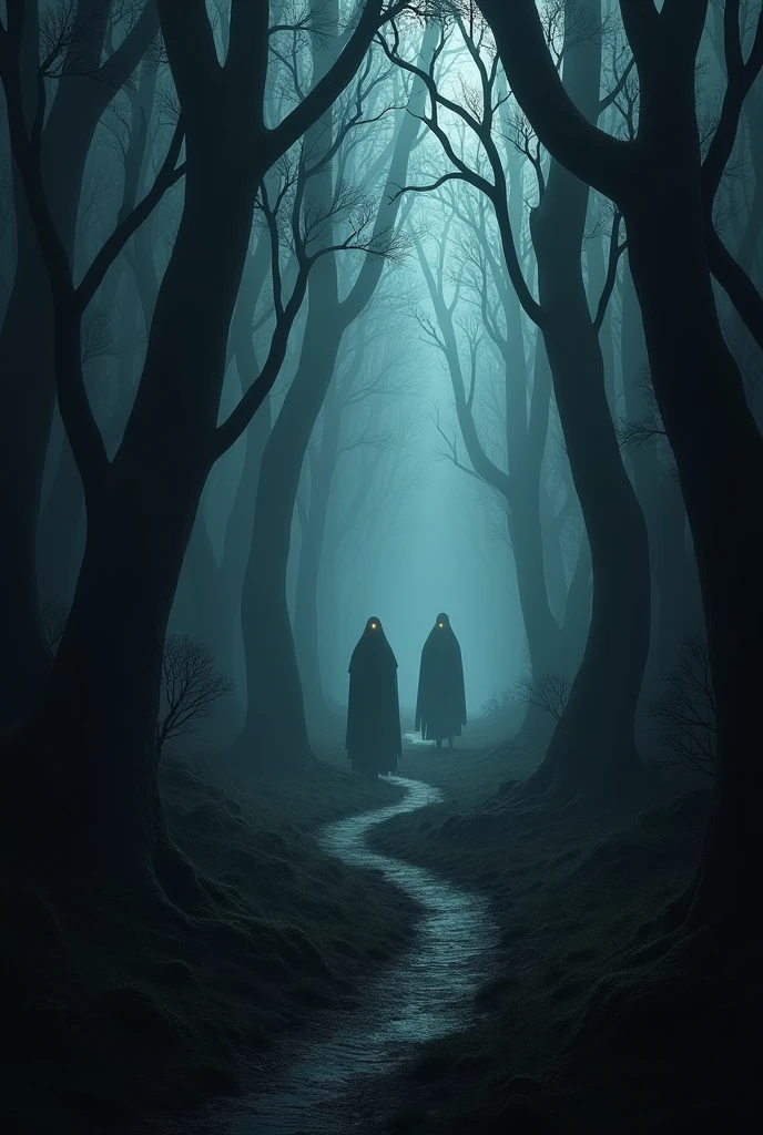 A deep, dark forest with tall, twisted trees, and a path leading into the unknown. Multiple shadowy, ghostly figures with undefined features are lurking between the trees, their eyes glowing in the darkness. The atmosphere is tense, as if something sinister is watching from every corner.