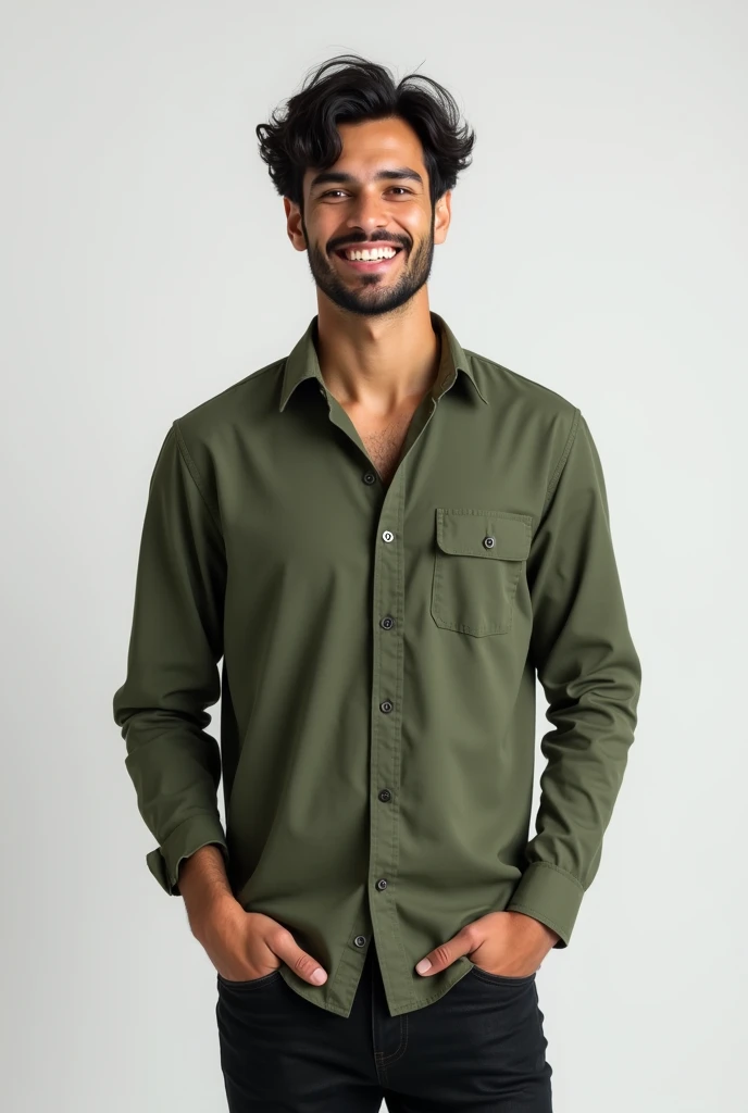 best qualityer:1.4), (ultra high resolution:1.2), (photorrealistic:1.4), (8k, CRU photo:1.2), 1 young white man. eyes browns. He is wearing a long-sleeved green button-down shirt.. He is wearing black jeans. wavy black hair. Standing in a photo studio with a white background. is smiling. He is Brazilian 