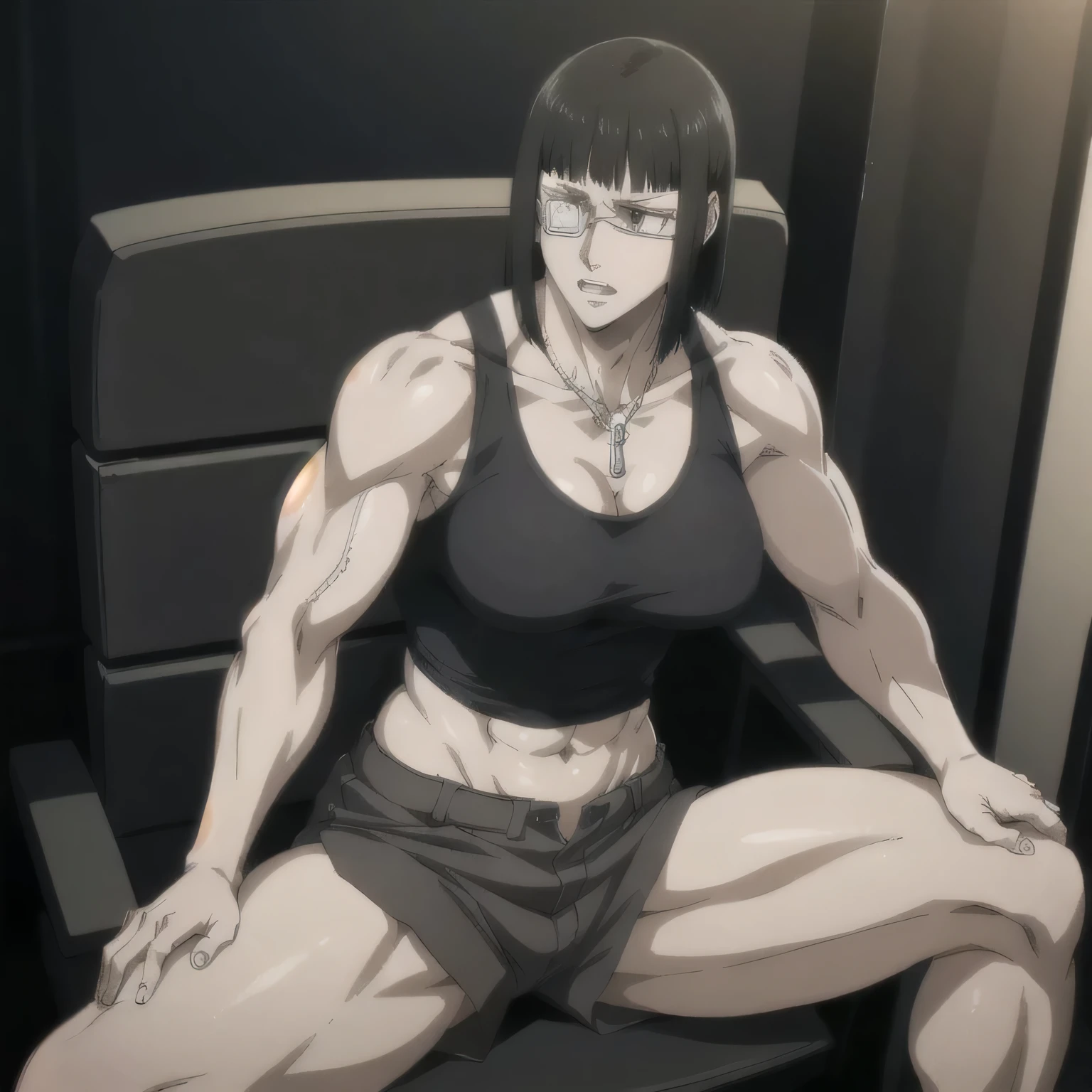 best quality,ultra-detailed,realistic:1.37),musclaur badass girl with sculpted body with preview her musclaur body and six-pack, full review of the female character's face and body, intense expression, strong and confident posture, studio lighting, vivid colors, physiologically-based rendering, grungy texture, rugged background, dust particles in the air, commanding presence, professional, powerful, gritty aesthetics,,Valmet،short hair,necklace,Light reflection on shoulders,clean muscles،wearing black shorts with belt and gray gym tank top,tattoos on shoulders,muscles review( girl solo),eyepatch,Shining muscles,eyes detailing,fat free body,veins in muscles,penis growth inside shorts,Photo session,Matching remix,Valmet have a penis inside shorts,penis unerect,penisQuiron, sitting on chair,folded arms