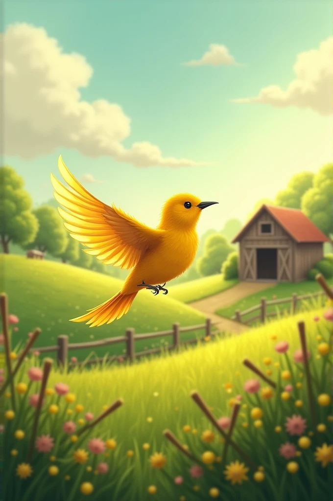 Little yellow bird passing by a farm 
