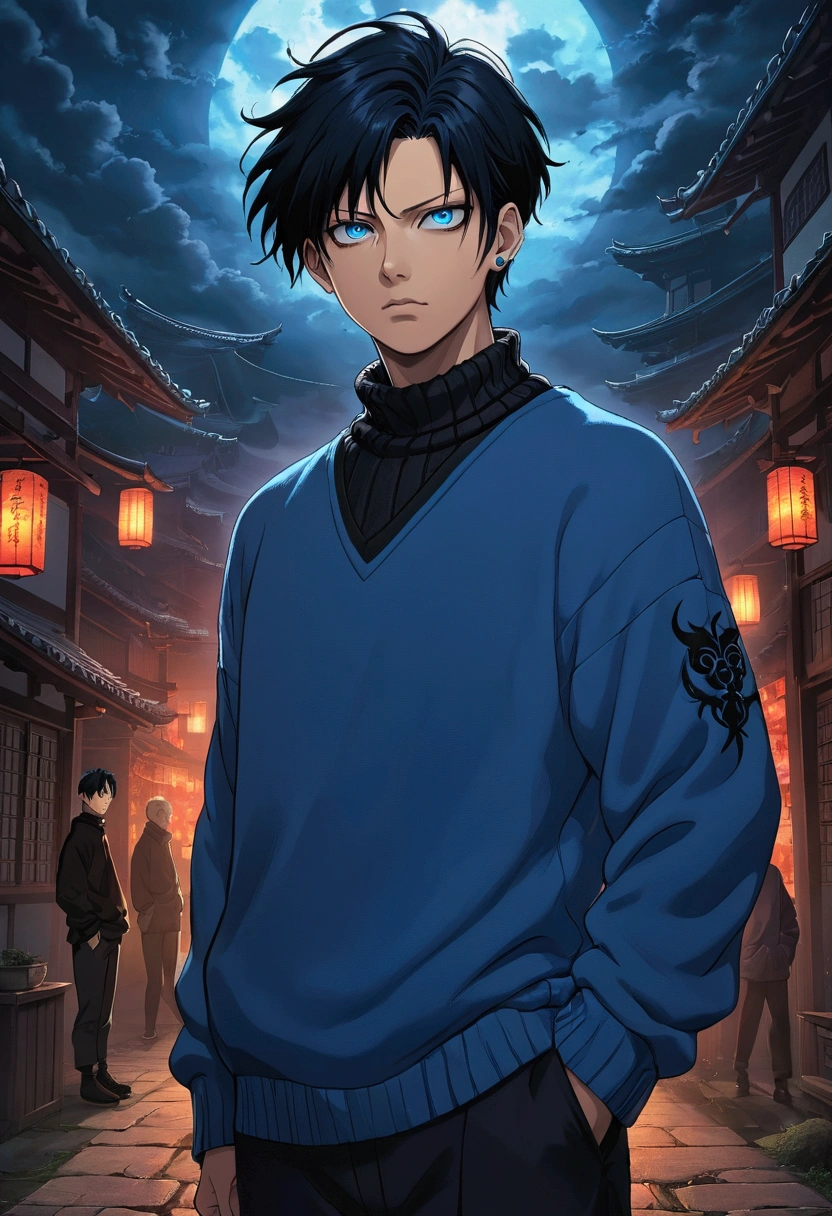 A handsome anime boy with long dark hair and piercing blue eyes, Gojo Satoru from Jujutsu Kaisen, wearing a cozy pull-over sweater, standing next to the demon Ryomen Sukuna, highly detailed, dramatic lighting, cinematic composition, mystical atmosphere, vibrant colors, digital painting, intricate details, breathtaking, photorealistic, masterpiece