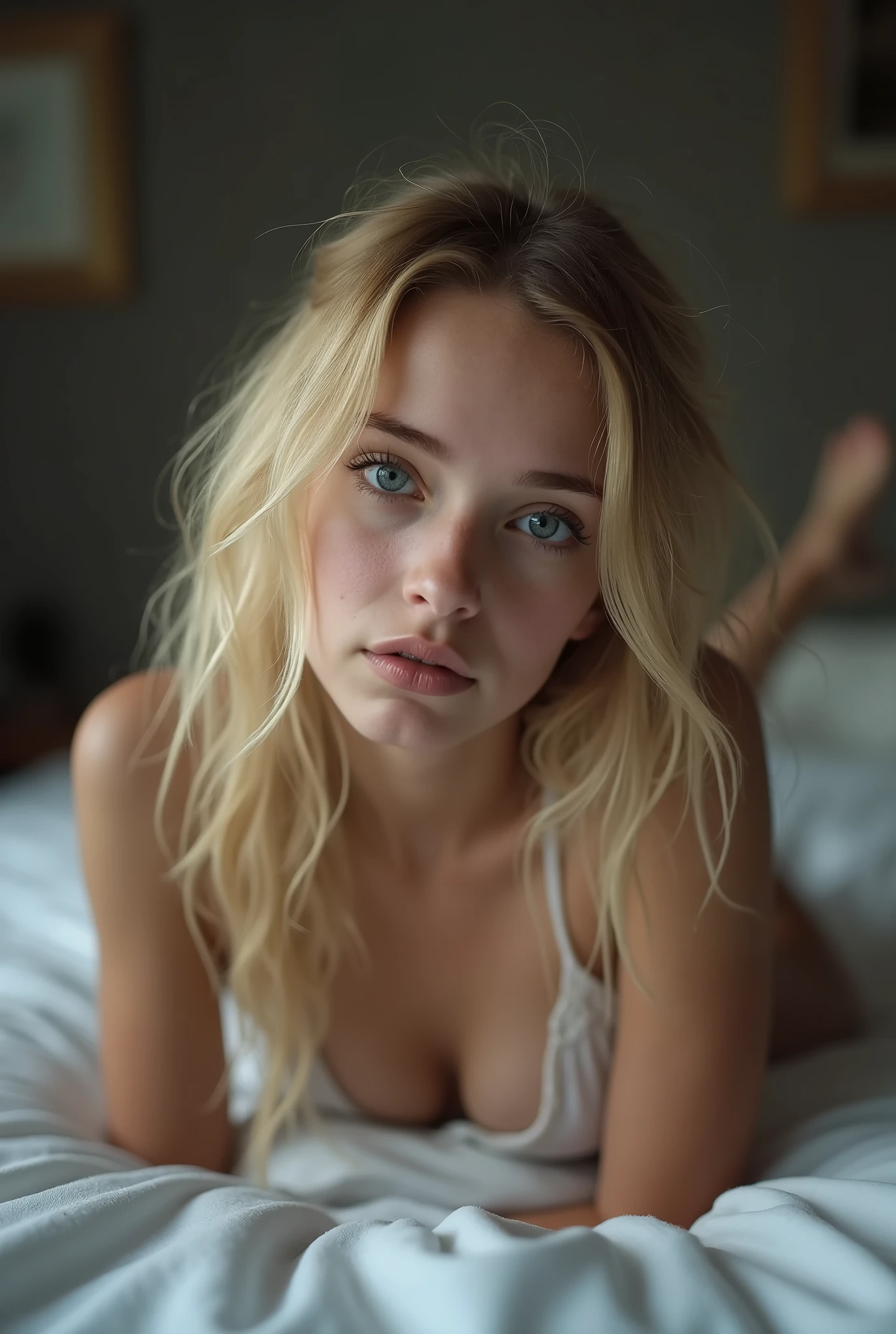 une belle jeune femme blonde avec yeux bleus totalement nue et très mince, d'apparence anorexique, regardant tristement l'objectif de l'appareil photo. .très excité. Le corps de la fille est semblable à celui d'une pubère. chaussettes en dentelle. dans une chambre à coucher. écarter les jambes