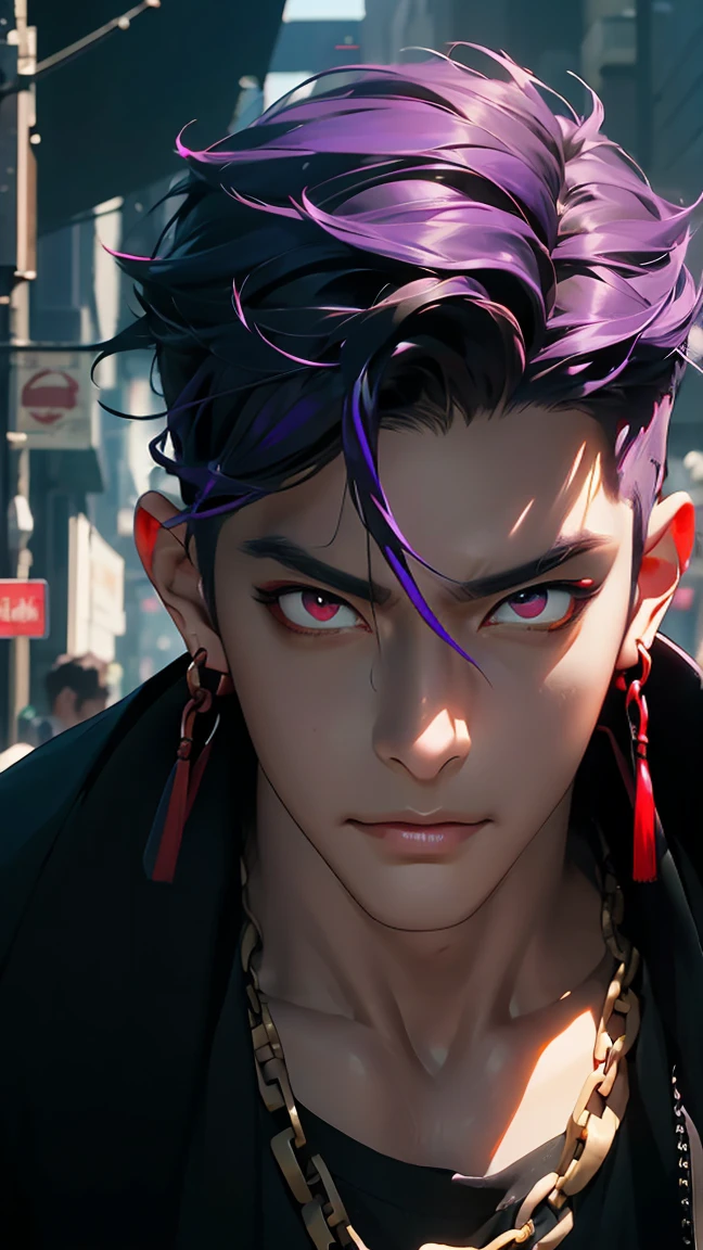 highest quality, 8K, high resolution image, anime style Jujutsu Kaisen, dark skin, (Cú Chulainn (Alter) | Fate | FGO ) detailed strokes, crazy look, piercing gaze, out of focus, purple light is reflected from it, (close angle), 1 man, young, male, model, hand in pocket, cool guy, multicolored background with various geometric shapes, all around stickers, muscular, Blue hair, red eyes, multicolored hair, blue hair, hair between the eyes, highlighted hair, puffy chest, he is wearing a black Sweater, black gloves, sweatpants, gold link chain, Hand in the Pocket, background: he ist standing, big city, streets, park, people, blue sky, cars, bicycle