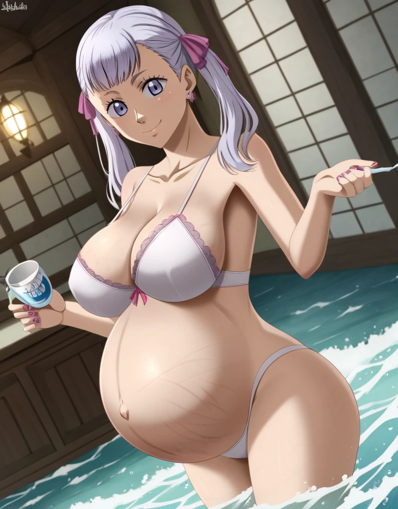 noelle_blackclover, Noelle Silva, Black Clover, long silver hair, waist-length hair, half-up half-down hairstyle, ribbon, soft waves, side-parted bangs, almond-shaped blue eyes, high-quality, ultra-detailed, beast quality, 8K resolution,
looking at viewer, dutch angle, cowboy shot, smile, pregnant belly, large belly, big belly, big Breasts, Stretch marks, eating,
1girl,solo, indoors, happy, Smiling, rub belly,
full body, Nail polish, Earrings,