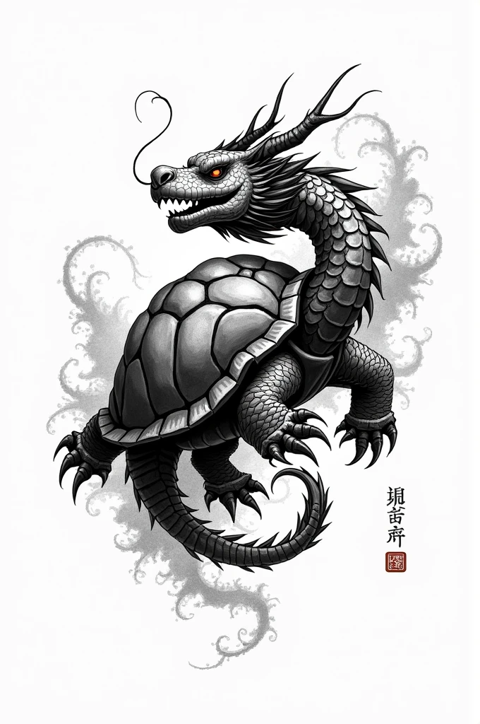 Black and White Ink Style Drawing of a Mythological Dragonic Turtle, Chinese style, doodle art, logo,