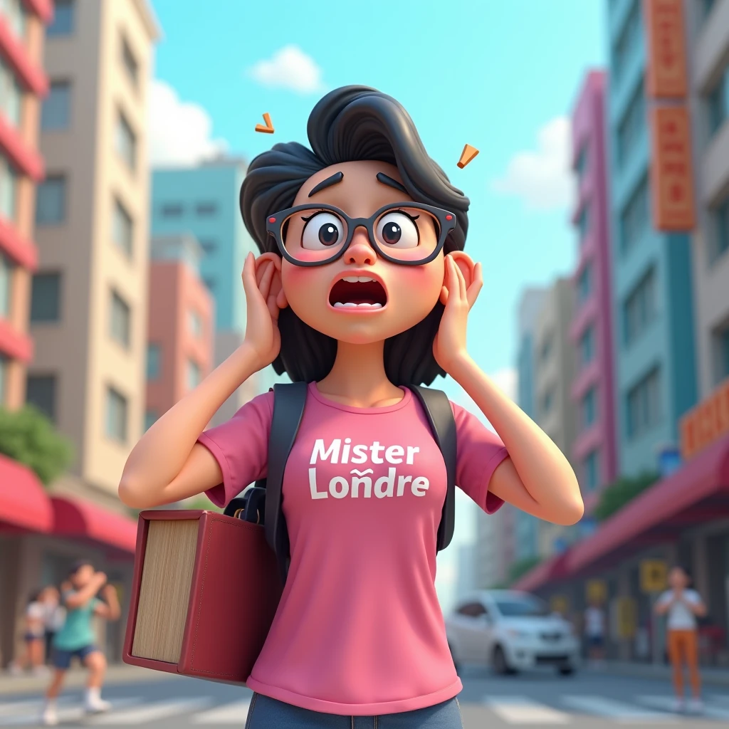 3D cartoon, HD, a Chinese woman as a student, wearing a pink shirt with text logo MISTER LONDRE no image just text, carrying a book , background city , I'm panicking about being chased by college deadlines