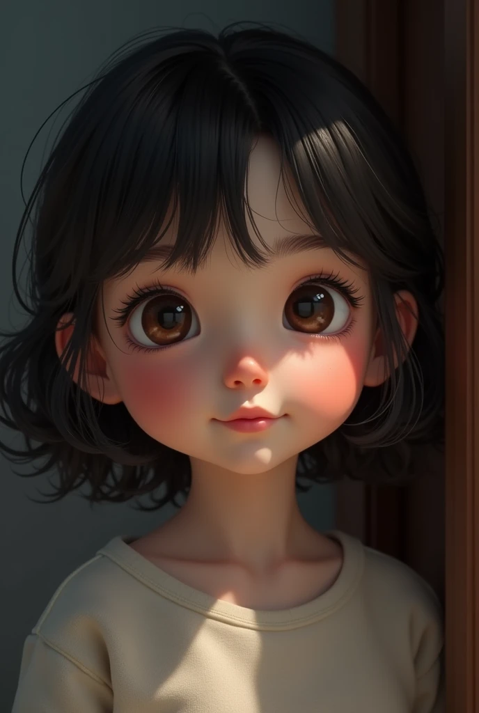 Cute portraits , Looking into the camera, Black Hair, explanation, Long eyelashes, Upper Body, Round eyes, Cute little nose , A light smile, In-person audience, Surrealism, Cast a Shadow, 8k, Super Detail, Highest quality, 1080P, 1080P, 1080P, 4K, 8k, 16K, High resolution, 1080P