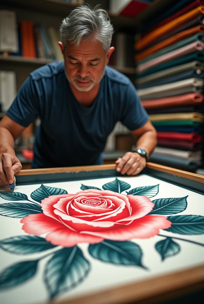 A man doing real screen printing on fabric. Floral design rose