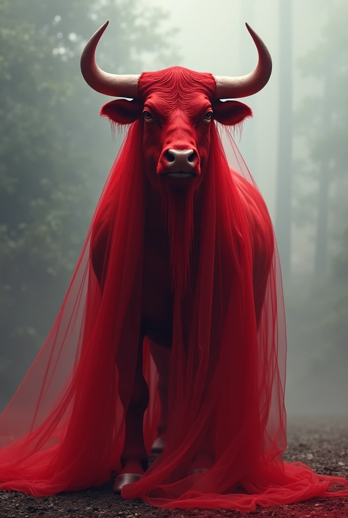 Please make a picture of a red bull using a veil