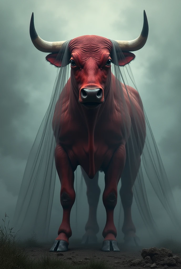 Please make a picture of a red bull using a veil