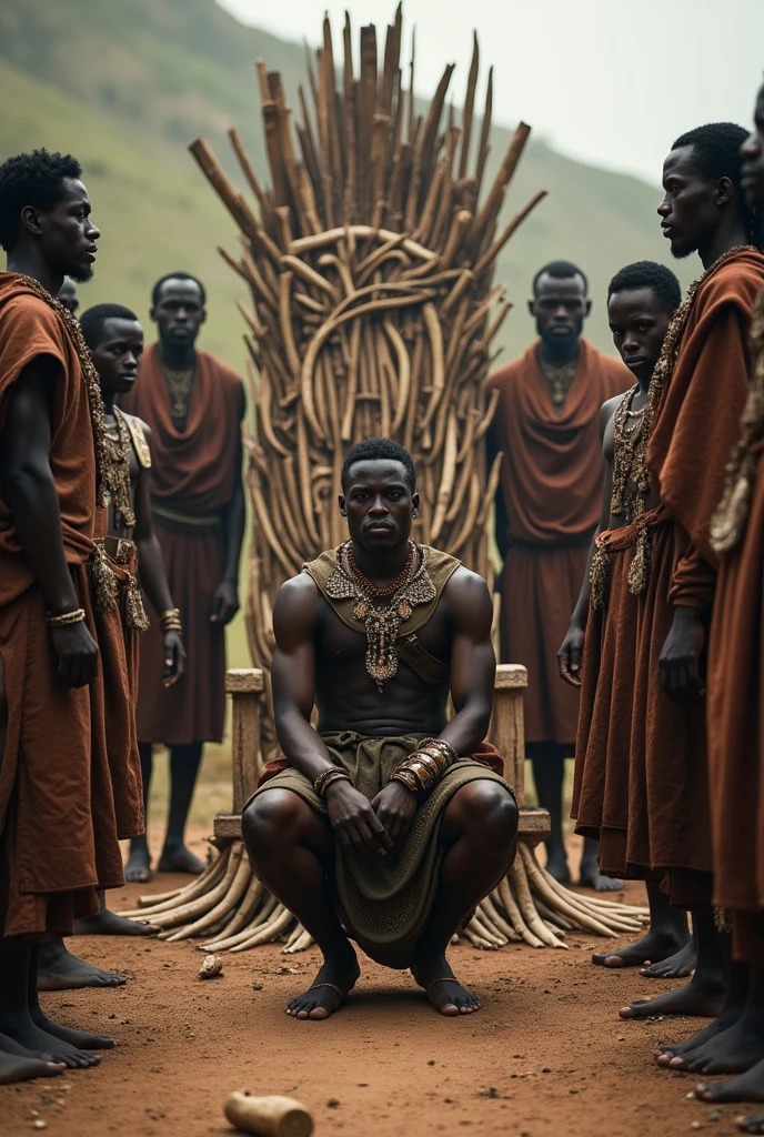 A young African man, The journey, in war clothes, kneeling before a throne made of bones and wood. ao redor, elders and warriors watch in reverence as the crown of the Kingdom of Gaza is placed upon his head in a solemn ceremony. documentary style 