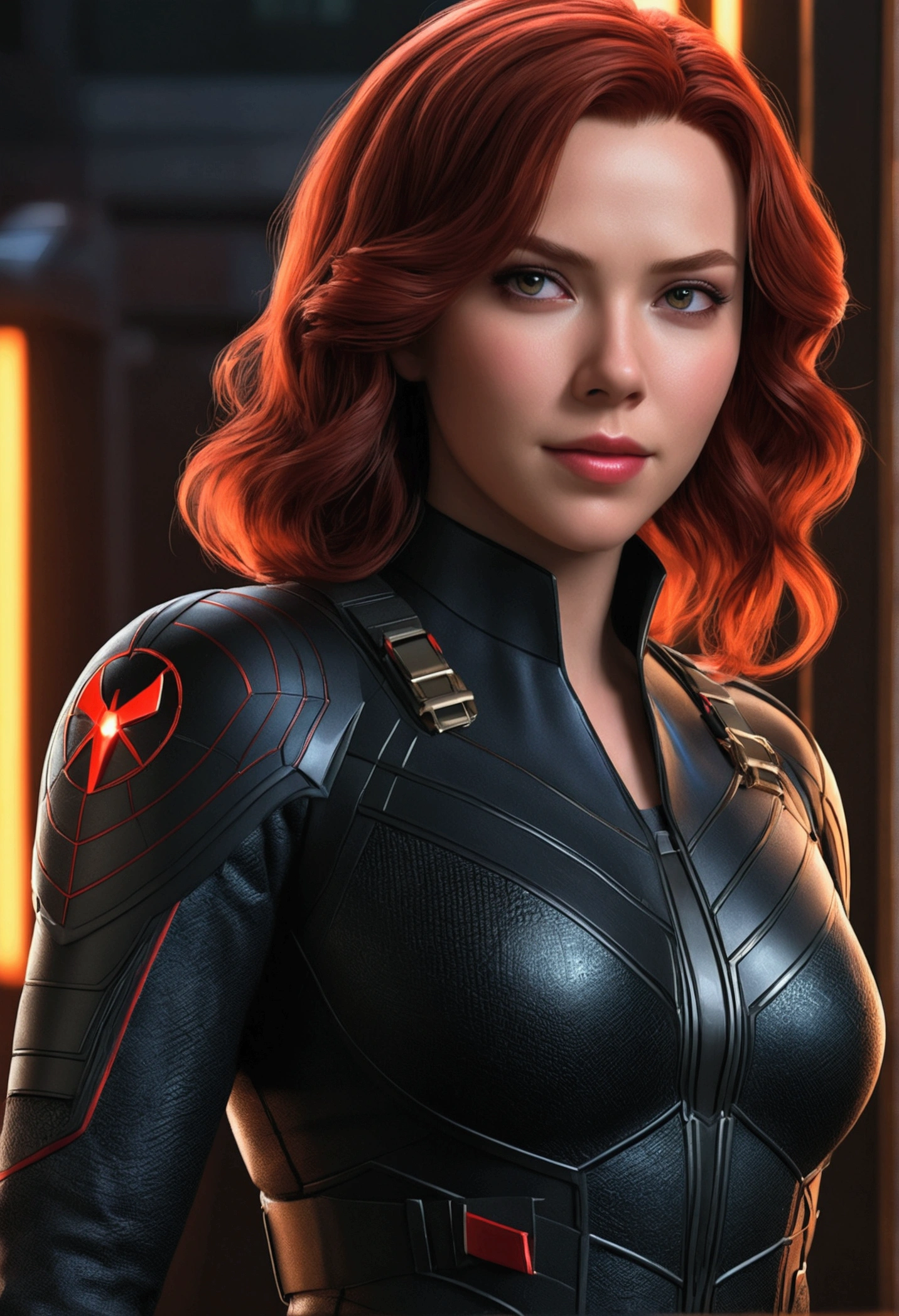 Marvel Comics Black Widow, , (8K, RAW photo, best quality, Masterpiece: 1.2), (realistic, photo-realistic: 1.4), (extremely detailed 8k CG unit wallpapers), full body, (lights neon), McHop, , Hanfu, shield uniform, dress, pretty face, (dark shot: 1.1), realistic epic,Beautiful girl smiling 