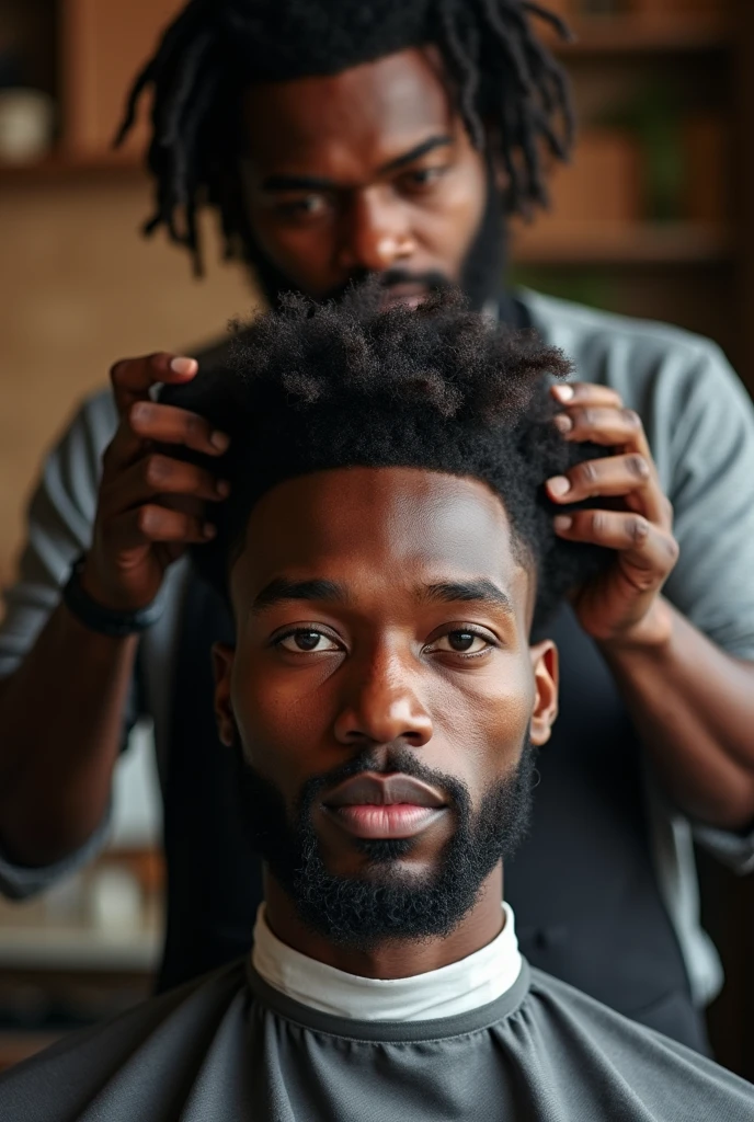 Tall dark haired barber with waves ,giving a Black Power afro cut to a black man with a beard, focusing on the client's face with the front image