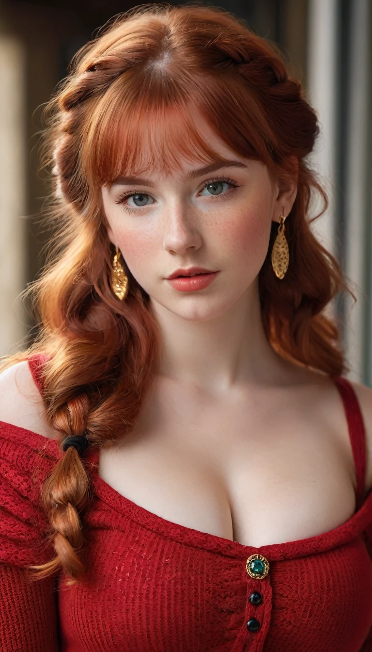 A young lady aged 16 yrs, with long red hair, wavy hair, braided, with air bangs. She is wearing a red sweater, worn off her shoulders. She is wearing black leggings. She has an hourglass figure. She is wearing gold earrings. Looking directly into the camera. She has fair skin, freckles, and braces, constricted pupils, parted lips, large breasts, perfect lips, perfect nose, cute face, baby face, Hyperrealism, cinematic lighting, jpeg artifacts, full body photo, bokeh, textured skin, UHD, best quality, masterpiece, high details