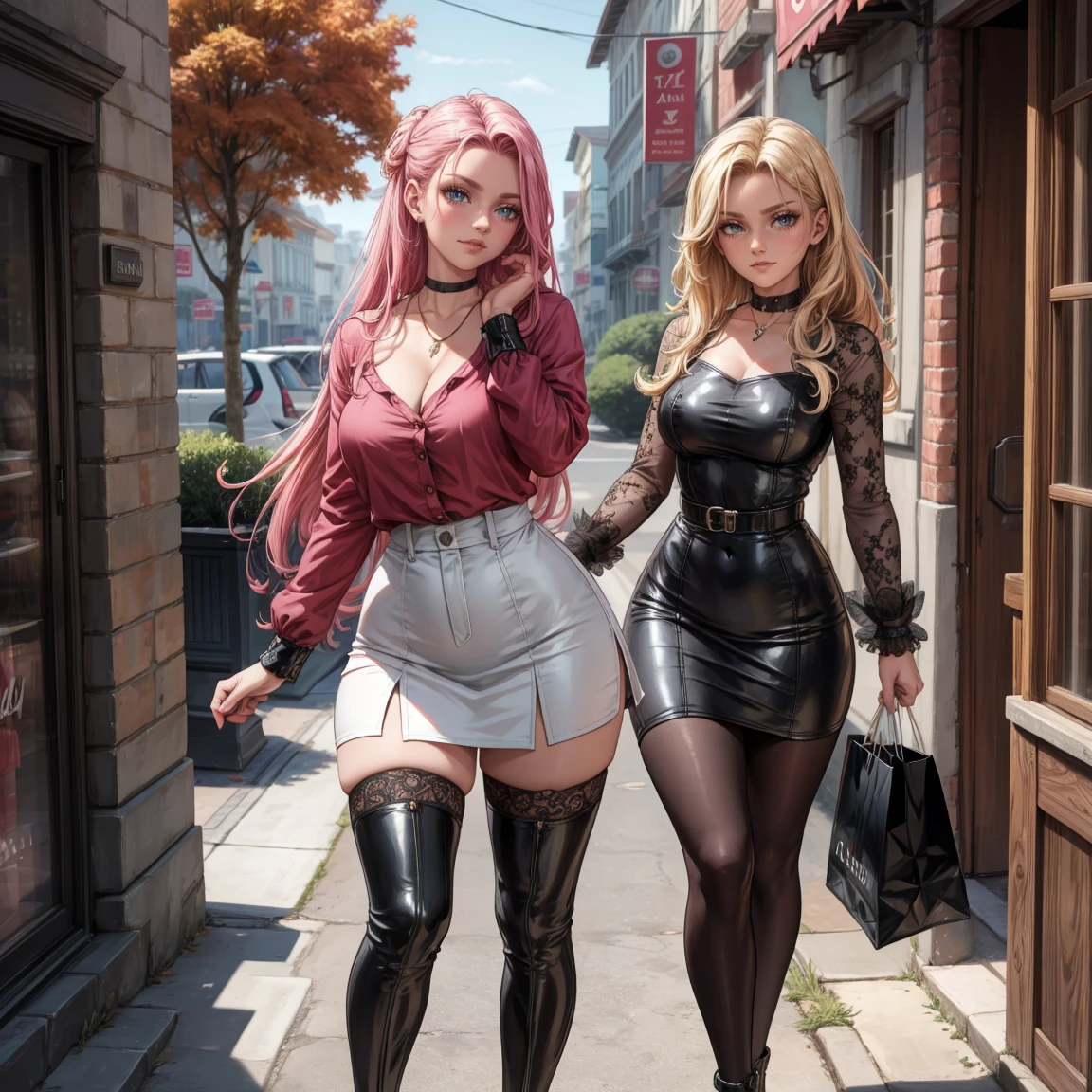 Masterpiece, beautiful art, 8k, art style by sciamano240, very detailed face, detailed hair, detailed clothes, detailed fabric, 1girl, beautiful face, long hair, hot pink hair , model head shot, facing camera, very detailed green eyes, sultry smile, wearing classy fall clothes, black dior thigh boots, black pencil skirt, walking , out shopping, necklace, chocker, rosey cheeks, sunny fall setting, full body view, photorealistic, indirect lighting, volumetric light, ray tracing, hyper-detailed, best quality, ultra-high resolution, HDR, (8k, Best Quality, Masterpiece:1.2), Ultra Detail, RAW Photo, Super Resolution, Professional Photo, Extremely Detailed and Beautiful, lot of drool, sweat, belly inflation