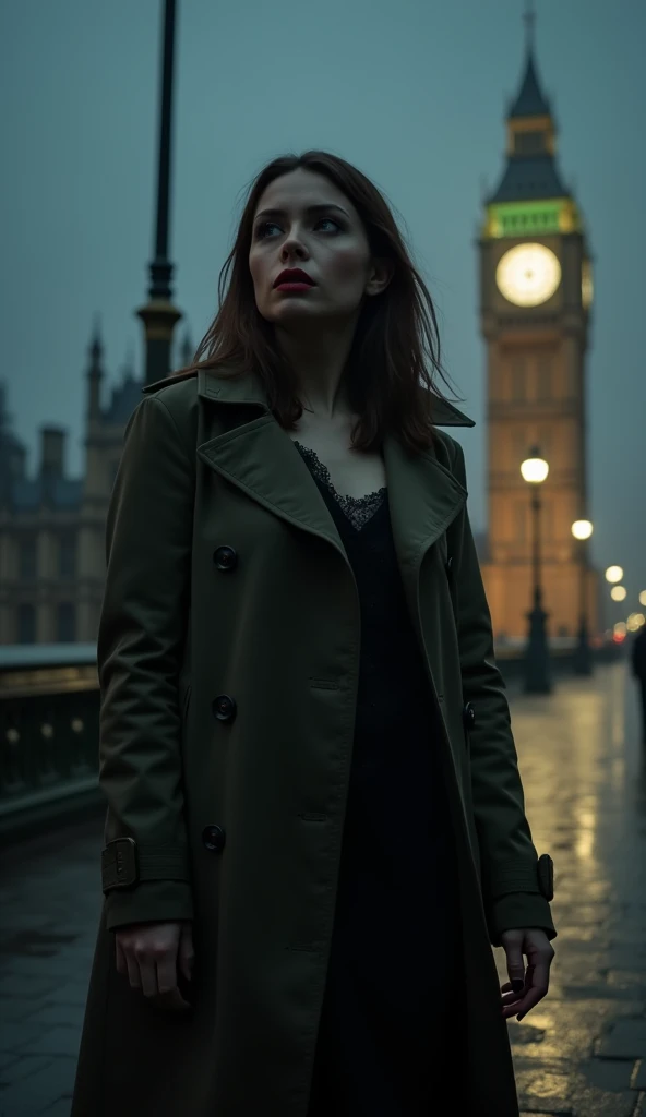 An English vampire woman with fair skin and chestnut brown hair, her lips smeared with blood as it drips from her fangs. She wears a stylish, modern trench coat over dark clothing, blending into the night. The setting is a foggy night in London, with the iconic Big Ben and the Houses of Parliament in the background. She stands in the shadowy alley near Westminster Bridge, the faint glow of street lamps casting eerie shadows as she surveys her next victim.