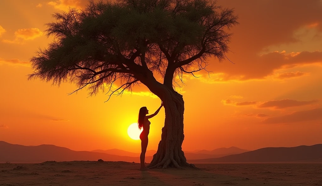 woman, , touching with one hand a huge Dracaena cinnabari tree, majestic tree, desert place, arid, few clouds, intense orange sunset, realistic lights, 4k, hyperrealistic,