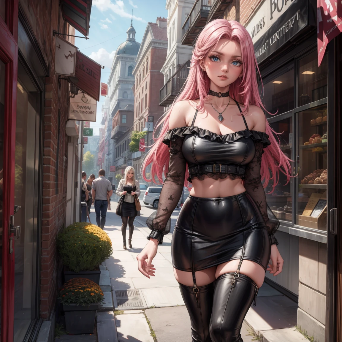Masterpiece, beautiful art, 8k, art style by sciamano240, very detailed face, detailed hair, detailed clothes, detailed fabric, 1girl, beautiful face, long hair, hot pink hair , model head shot, facing camera, very detailed green eyes, sultry smile, wearing classy fall clothes, black dior thigh boots, black pencil skirt, walking , out shopping, necklace, chocker, rosey cheeks, sunny fall setting, full body view, photorealistic, indirect lighting, volumetric light, ray tracing, hyper-detailed, best quality, ultra-high resolution, HDR, (8k, Best Quality, Masterpiece:1.2), Ultra Detail, RAW Photo, Super Resolution, Professional Photo, Extremely Detailed and Beautiful, lot of drool, sweat, belly inflation