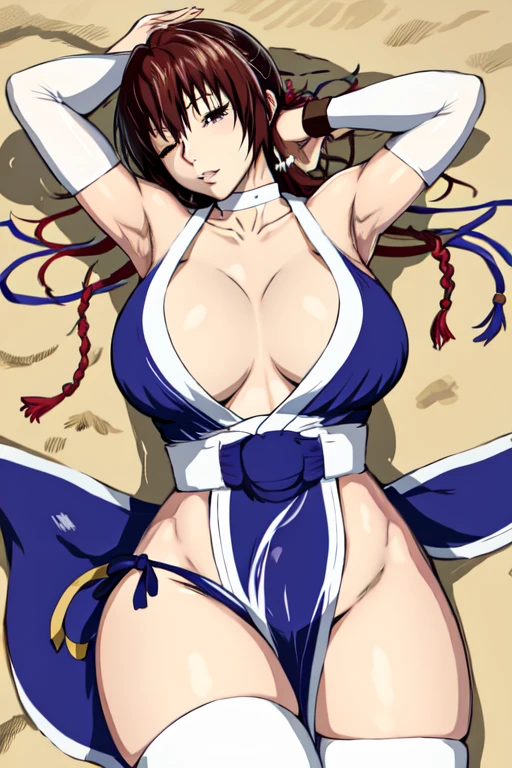 masterpiece, best quality, beautiful art, high resolution, well formed hands, body and fingers, 1 woman, solo, Ryouko Mikado, 31 years old, hair ornament, adult, grown up, big breasted, cleavage, full body, braided long hair, blue_japanese_clothes, wearing DOA Kasumi's blue kunoichi dress, sexy and skimpy japanese clothes, kimono peek, sleeveless, panties peek, white stockings, gorgeous legs and thighs,ryona,in peril, she is defeated, knocked out, passed out, closed eyes, fainting, exhausted, unconscious, laying down on the sand, extended exposed body, full body on the sand, breathing heavily, sexy smirk on her face, bouncing breasts, sexy defeated and KO pose, defeat and KO scene, fallen beauty, martial arts tournament with beach environment