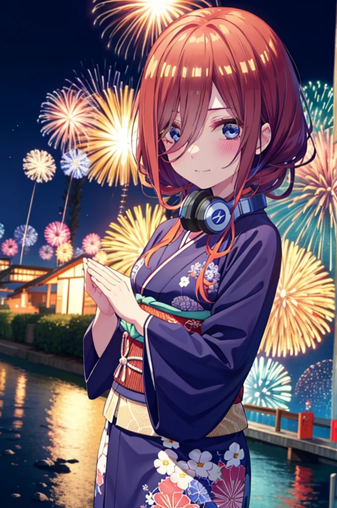 Miku Nakano, miku nakano, Long Hair, bangs, blue eyes, Brown Hair, shirt, Hair between the eyes, Headphones around neck,hair tied back,Flower Hair Ornaments,smile,blush,Blue Kimono,Fireworks in the night sky,Fireworks,The place is a fireworks display,Time is night,sunny day,日本のfestival,夏festivalの屋台,Red lantern,whole bodyがイラストに入るように,
break outdoors, garden,festival,
break looking at viewer, whole body, (Cowboy Shot:1. 5),
break (masterpiece:1.2), Highest quality, High resolution, unity 8k wallpaper, (figure:0.8), (Beautiful attention to detail:1.6), Highly detailed face, Perfect lighting, Highly detailed CG, (Perfect hands, Perfect Anatomy),
