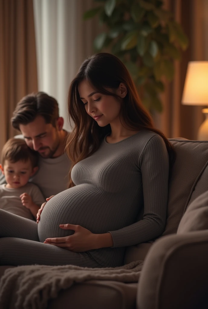 Pregnant woman sitting on a sofa in living room, night, around is family, she has a tight knitted dress in grey colour, brunett, straight hair, has huge boops, boops size F, gigant boops