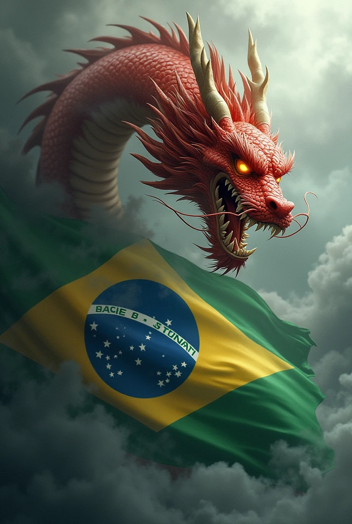 Brazilian flag with red Chinese dragon looking forward, MORE SCARY