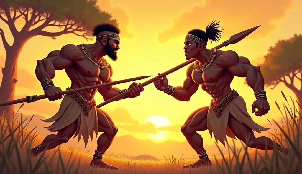 Generate me an image of two 3d cartoon african american characters fighting with spears in an african savannah