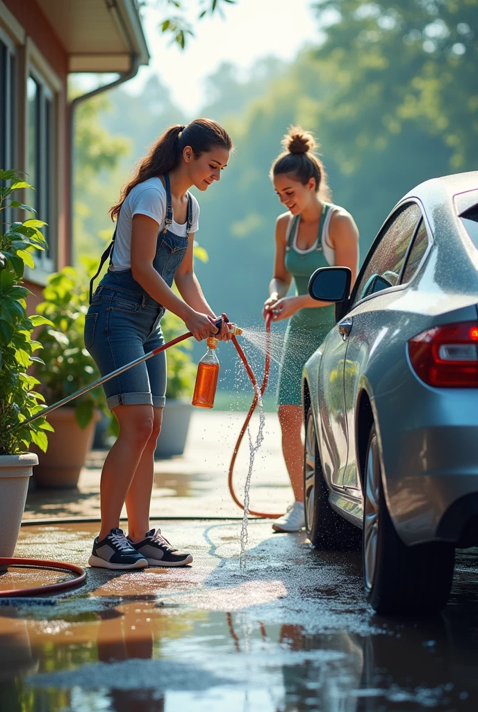 women cleaning car on spray