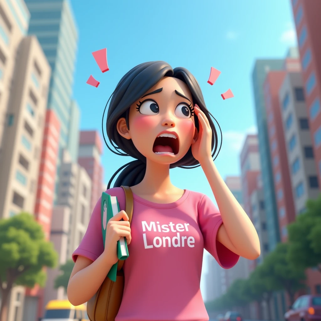 3D cartoon, HD, a Chinese woman as a student, wearing a pink shirt with text logo MISTER LONDRE no image just text, carrying a book , background city , I'm panicking about being chased by college deadlines