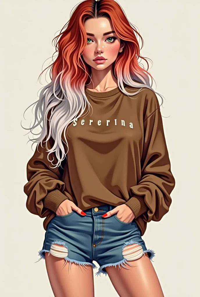 A digital drawing of a 20 year old woman with long wavy red and white hair with green eyes and a flushed face wearing a brown sweater with small white letters written on it and ripped denim shorts and white sneakers As if it were a digital drawing