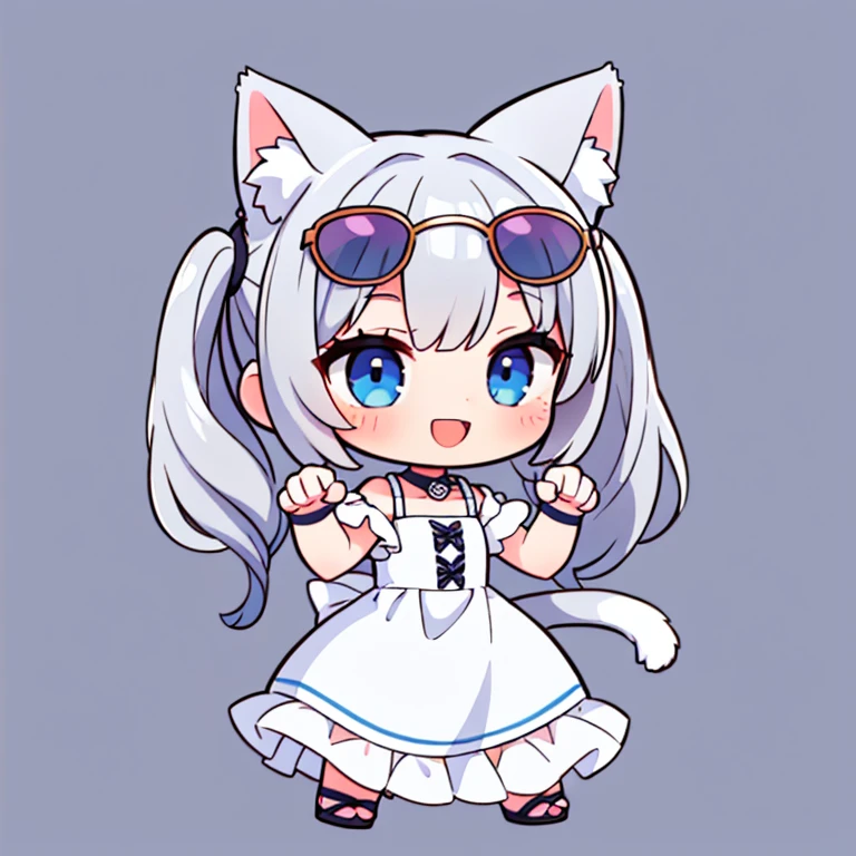 1 girl, cute, Chibi Character, Cat ear, ((Gray Hair)), Medium twin tails, White midi dress, Blue Eyes, ((sunglasses)), (Cat Pose:1.3), (smile:1.3), (Open your mouth:1.3), Full Body Shot, ((Highest quality)), ((masterpiece)), (Detailed), Perfect Face, Perfect Arms, (Perfect hands), (Perfect Fingers), anime, Ultra-fine illustration,
